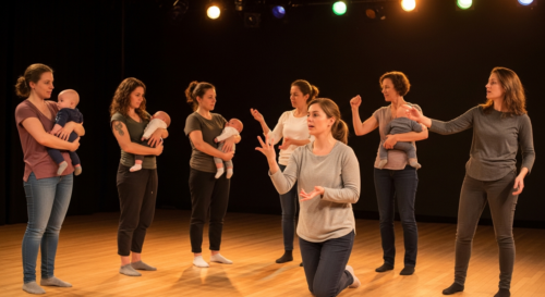 A realistic photo of a diverse group of mothers in a theater workshop, some holding babies, others rehearsing a scene with expressive gestures. Warm lighting, wooden stage floor, comfortable clothes.