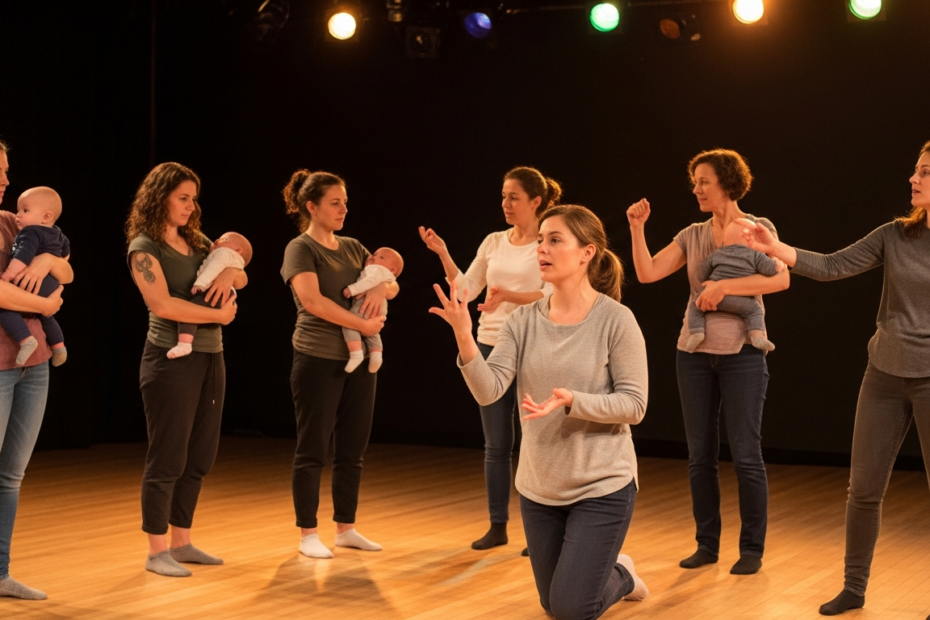 A realistic photo of a diverse group of mothers in a theater workshop, some holding babies, others rehearsing a scene with expressive gestures. Warm lighting, wooden stage floor, comfortable clothes.