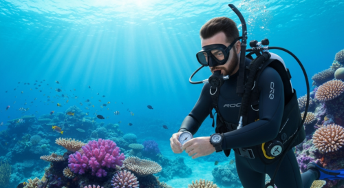 A photorealistic underwater scene showing a scuba diver in full gear checking equipment before a dive, with clear blue water and coral reef in the background. The diver is focused on a pressure gauge,