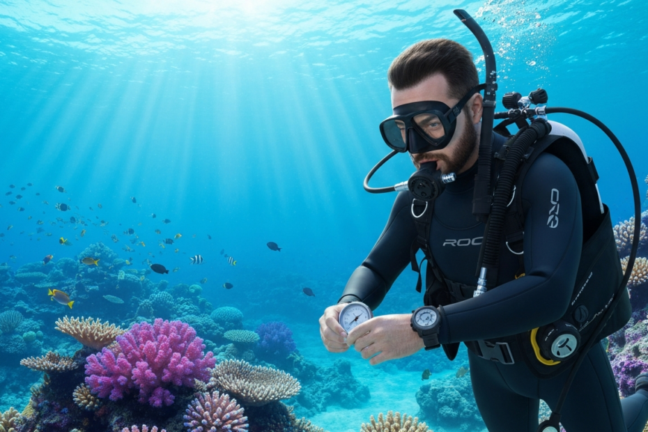 Seguridad en el buceo: riesgos, prevención y protocolos de rescate 1 A photorealistic underwater scene showing a scuba diver in full gear checking equipment before a dive, with clear blue water and coral reef in the background. The diver is focused on a pressure gauge,