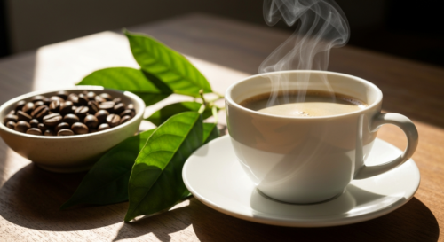 A photorealistic image of a steaming cup of coffee on a wooden table, with sunlight streaming in, surrounded by coffee beans and green leaves, evoking freshness and health.