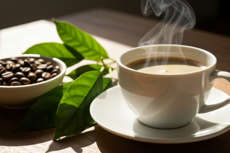 Café y longevidad: la vía biológica que protege del envejecimiento 1 A photorealistic image of a steaming cup of coffee on a wooden table, with sunlight streaming in, surrounded by coffee beans and green leaves, evoking freshness and health.