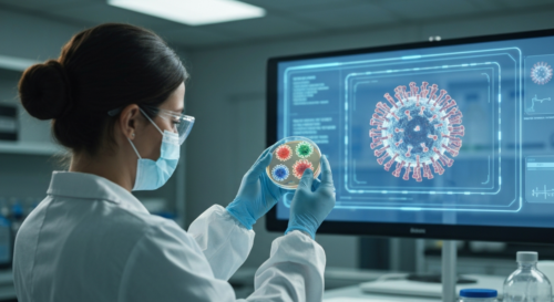 Photorealistic image of a scientist in a biotech lab holding a petri dish with viral cultures, wearing protective gear, with a holographic display showing hantavirus structure in the background.