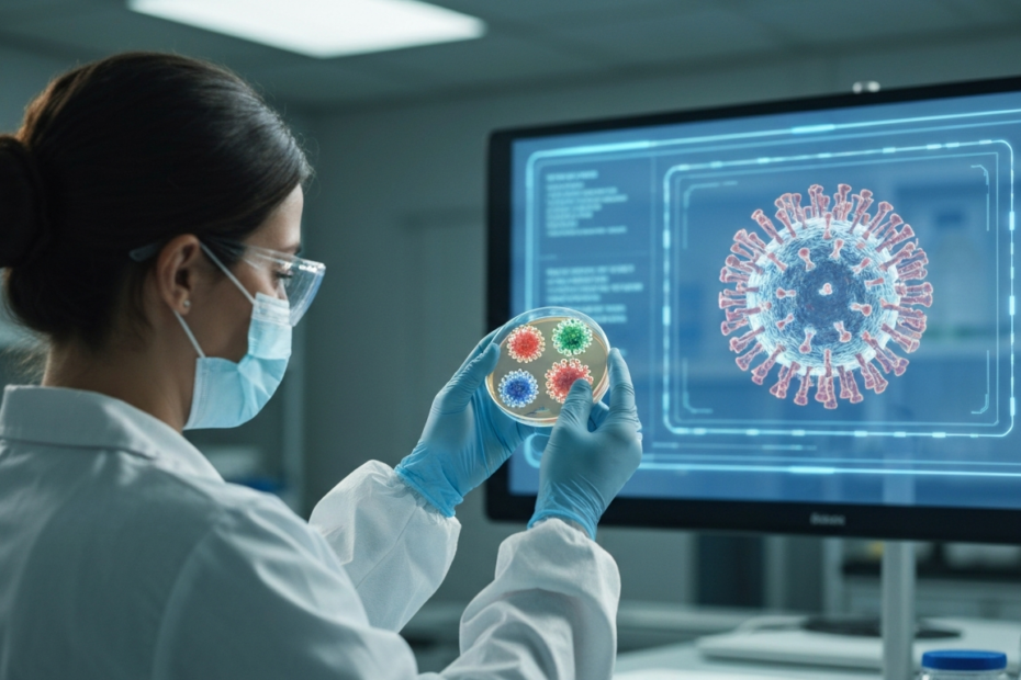 Biotecnología contra hantavirus: innovación y prevención 1 Photorealistic image of a scientist in a biotech lab holding a petri dish with viral cultures, wearing protective gear, with a holographic display showing hantavirus structure in the background.
