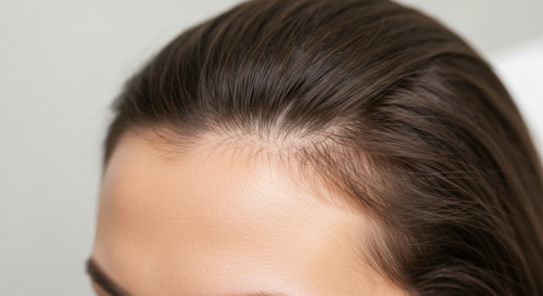 Photorealistic close-up of a woman's hairline with fine baby hairs, soft natural lighting, shallow depth of field, dermatological consultation setting, clean and professional atmosphere.