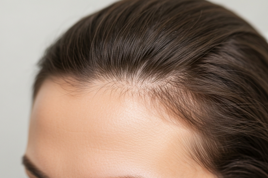 Baby Hairs: Qué Son y Cómo Cuidarlos Según la Dermatología 1 Photorealistic close-up of a woman's hairline with fine baby hairs, soft natural lighting, shallow depth of field, dermatological consultation setting, clean and professional atmosphere.