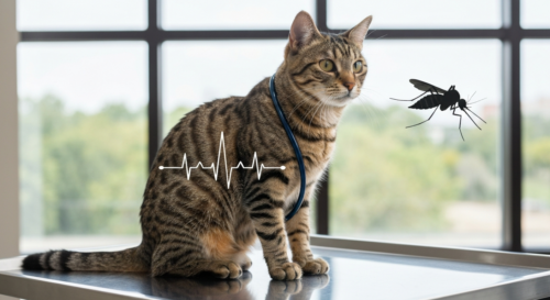 A photorealistic image of a domestic cat sitting on a veterinary clinic table, with a stethoscope on its chest, symbolic heartbeat overlay, and a mosquito silhouette in the background, indicating hear
