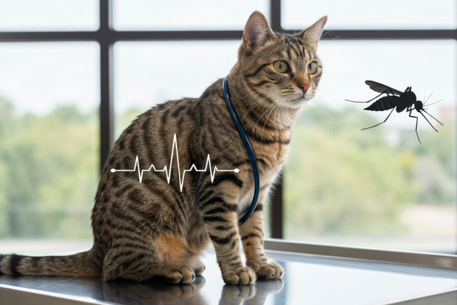 Dirofilariosis felina: prevención y tratamiento del gusano del corazón 1 A photorealistic image of a domestic cat sitting on a veterinary clinic table, with a stethoscope on its chest, symbolic heartbeat overlay, and a mosquito silhouette in the background, indicating hear