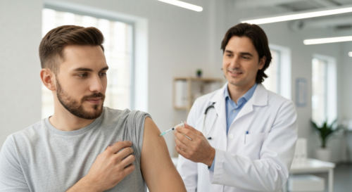 Photorealistic image of a young man receiving a vaccine injection in his arm at a modern clinic, with a doctor in the background, bright and clean environment, focus on the syringe and arm, no text or