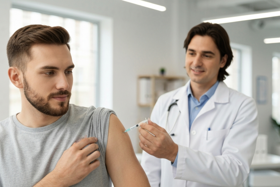 VPH en hombres: vacunación hasta los 25 años en Galicia 1 Photorealistic image of a young man receiving a vaccine injection in his arm at a modern clinic, with a doctor in the background, bright and clean environment, focus on the syringe and arm, no text or