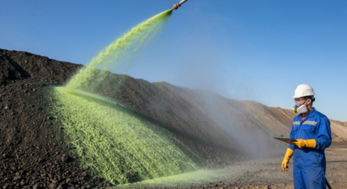 Photorealistic image of a large pile of mine tailings being sprayed with a greenish liquid containing bacteria, with a worker in protective gear observing, under a clear sky. The scene conveys industr