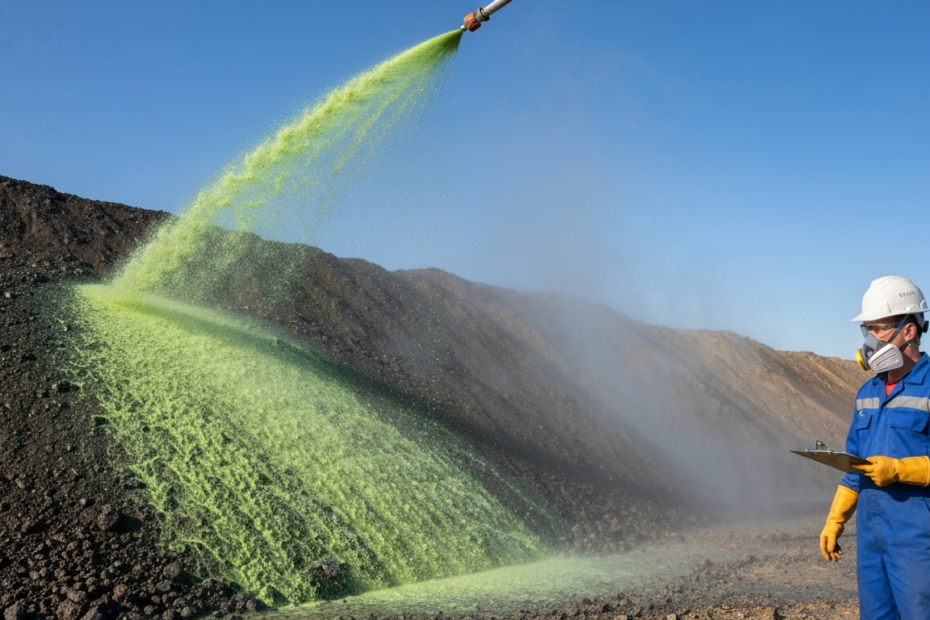 Biotecnología minera: innovación sostenible con microorganismos 1 Photorealistic image of a large pile of mine tailings being sprayed with a greenish liquid containing bacteria, with a worker in protective gear observing, under a clear sky. The scene conveys industr