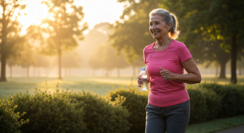 A photorealistic image of a healthy elderly person jogging in a park at sunrise, with a water bottle in hand and a focused expression. The scene conveys vitality and discipline.
