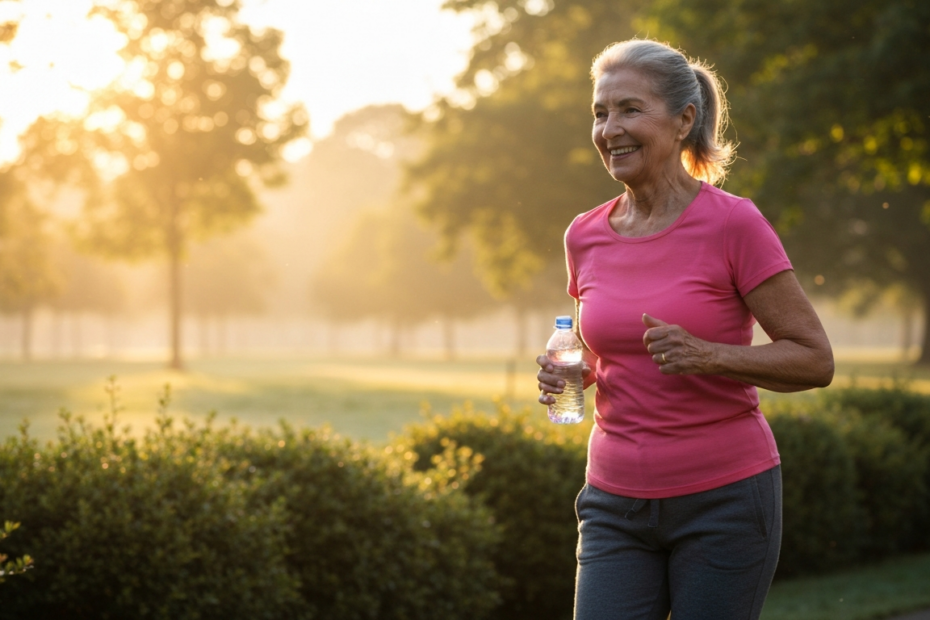 Restricción calórica y ejercicio: claves para la longevidad 1 A photorealistic image of a healthy elderly person jogging in a park at sunrise, with a water bottle in hand and a focused expression. The scene conveys vitality and discipline.