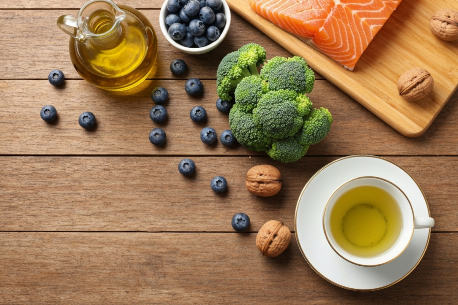 Dieta antienvejecimiento: alimentos clave para una longevidad saludable 1 A photorealistic overhead view of a wooden table with a variety of fresh, colorful fruits and vegetables: blueberries, broccoli, walnuts, salmon fillet, olive oil bottle, and a cup of green tea. Natur