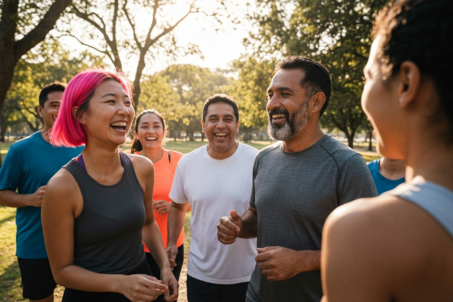 Socialización en running: clave para no abandonar 1 A photorealistic image of a diverse group of runners laughing and chatting together during a morning run in a park, with sunlight filtering through trees, no text or logos.
