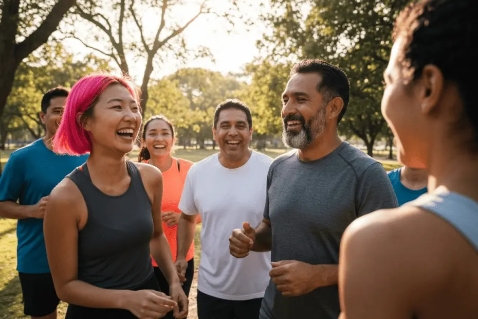 A photorealistic image of a diverse group of runners laughing and chatting together during a morning run in a park, with sunlight filtering through trees, no text or logos.