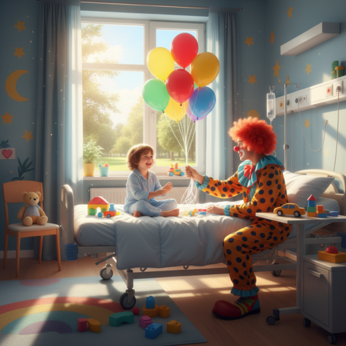 A bright, cheerful hospital room with a child in a bed smiling while playing with a clown therapist holding colorful balloons. The room has toys and a window with sunlight. Photorealistic, warm lighti