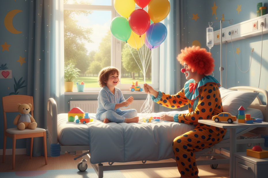 Día del Niño Hospitalizado: Cómo mejorar su estancia en el hospital 1 A bright, cheerful hospital room with a child in a bed smiling while playing with a clown therapist holding colorful balloons. The room has toys and a window with sunlight. Photorealistic, warm lighti