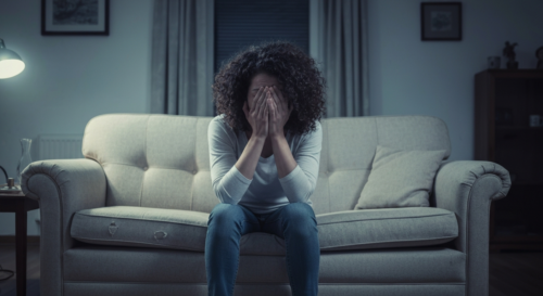 A photorealistic image of a woman looking distressed and covering her face with her hands, sitting on a couch in a dimly lit room. The scene conveys a sense of vulnerability and trauma, with soft shad