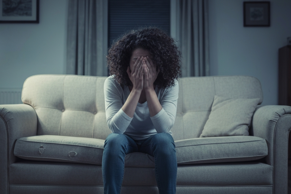 A photorealistic image of a woman looking distressed and covering her face with her hands, sitting on a couch in a dimly lit room. The scene conveys a sense of vulnerability and trauma, with soft shad