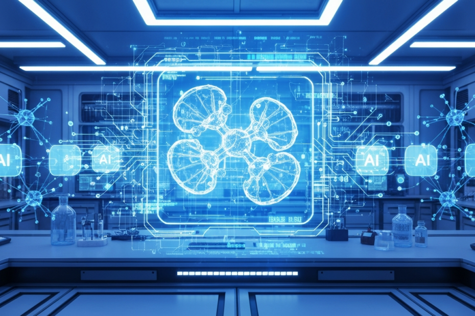 IA y física cuántica: la nueva era del diseño de enzimas 1 A futuristic laboratory scene with a holographic display showing a 3D model of an enzyme molecule, surrounded by glowing quantum circuits and AI neural network nodes, photorealistic, high detail, brig