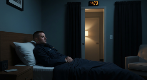 A photorealistic image of a firefighter pilot sleeping in a dark, quiet room with blackout curtains, wearing earplugs, and a digital clock showing early morning hours. The room is cool and serene, wit