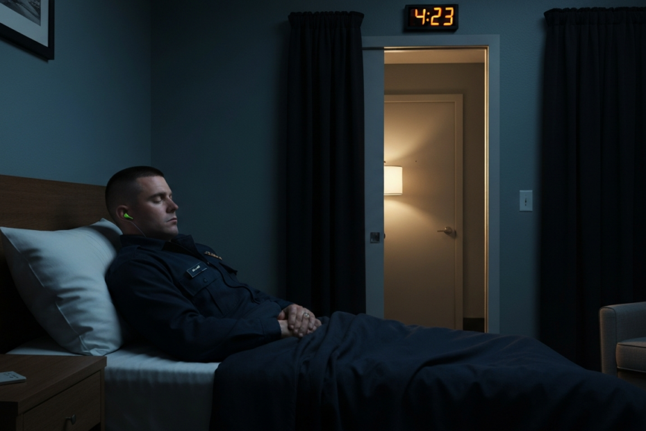 Ritmos Circadianos y Trabajo Nocturno: Claves para un Descanso Óptimo 1 A photorealistic image of a firefighter pilot sleeping in a dark, quiet room with blackout curtains, wearing earplugs, and a digital clock showing early morning hours. The room is cool and serene, wit