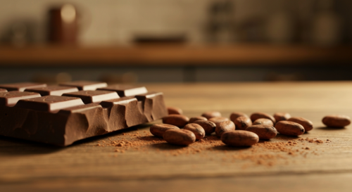 A photorealistic close-up of a piece of dark chocolate being broken, with cocoa beans and cocoa powder scattered around, on a rustic wooden table, warm lighting, shallow depth of field, high detail.