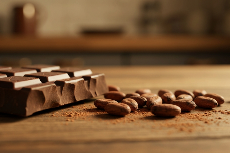 Chocolate y corazón: beneficios reales de la pastilla de cacao 1 A photorealistic close-up of a piece of dark chocolate being broken, with cocoa beans and cocoa powder scattered around, on a rustic wooden table, warm lighting, shallow depth of field, high detail.