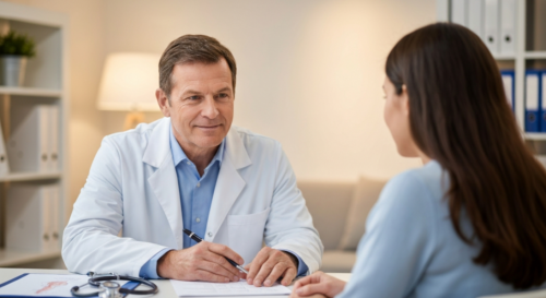 A photorealistic image of a doctor in a white coat consulting with a patient in a primary care clinic, with medical charts and stethoscope visible, warm lighting, professional atmosphere.