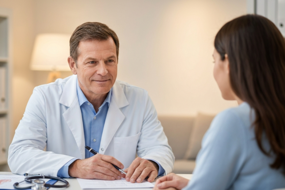 A photorealistic image of a doctor in a white coat consulting with a patient in a primary care clinic, with medical charts and stethoscope visible, warm lighting, professional atmosphere.
