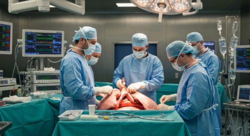 Photorealistic image of a surgical team performing a lung transplant in a modern operating room, with focus on the donor lung being prepared. Bright lighting, sterile environment, medical monitors in