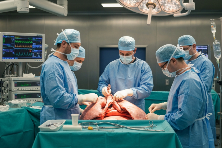 Trasplante de pulmón con donantes mayores de 70 años: ¿Es viable? 1 Photorealistic image of a surgical team performing a lung transplant in a modern operating room, with focus on the donor lung being prepared. Bright lighting, sterile environment, medical monitors in