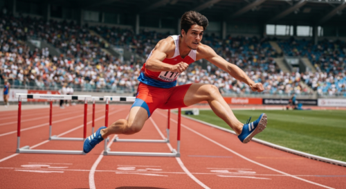 A photorealistic image of a male hurdler in mid-air clearing a hurdle on a red track, with a stadium crowd in the background, dynamic motion, bright daylight, high detail, no text.