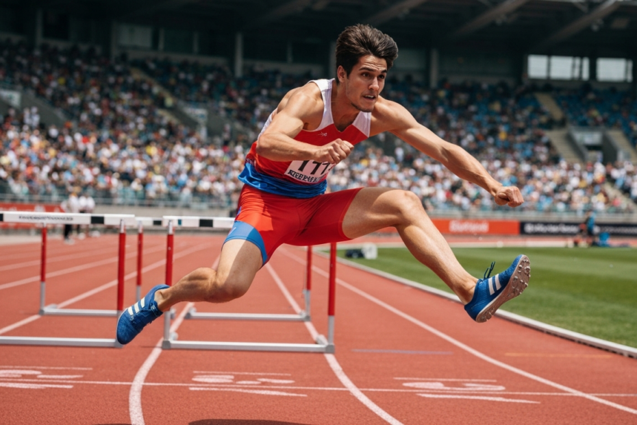 Cómo la Diamond League impulsa el rendimiento en vallas: lecciones de Quique Llopis 1 A photorealistic image of a male hurdler in mid-air clearing a hurdle on a red track, with a stadium crowd in the background, dynamic motion, bright daylight, high detail, no text.