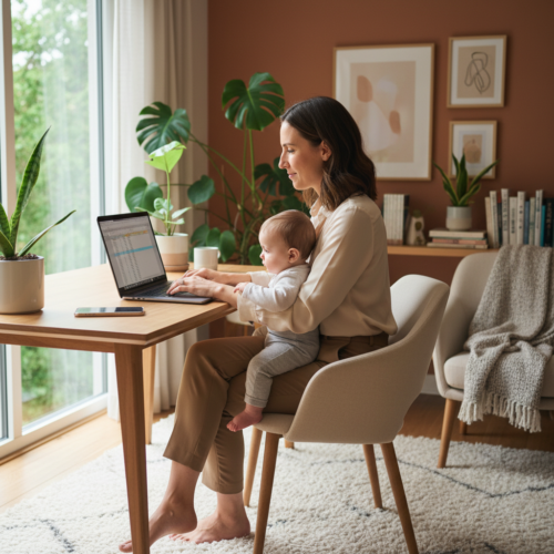 A professional woman in her 30s, sitting at a modern desk in a home office, holding a baby on her lap while working on a laptop. The room has natural light, plants, and a warm atmosphere. She looks fo