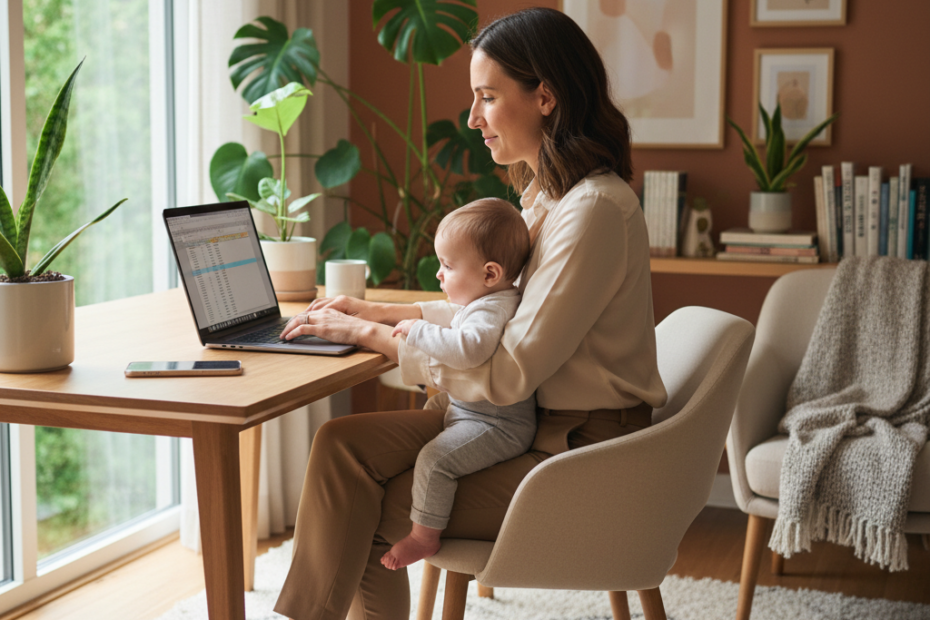 A professional woman in her 30s, sitting at a modern desk in a home office, holding a baby on her lap while working on a laptop. The room has natural light, plants, and a warm atmosphere. She looks fo