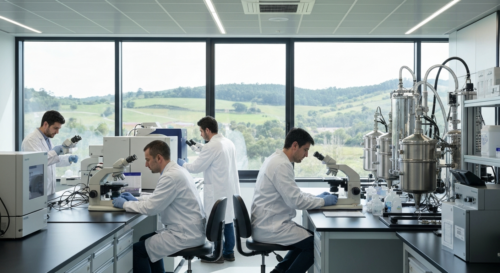 A photorealistic image of a modern biotechnology laboratory in Galicia, Spain, with researchers in white coats working with advanced equipment, including microscopes and bioreactors. Natural light com