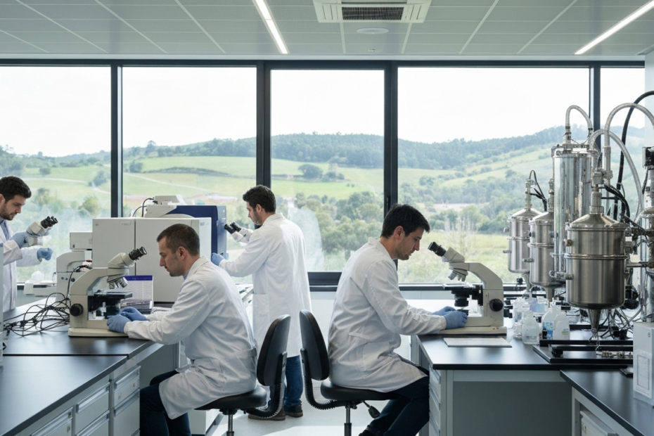 Biotecnología gallega: proyección internacional en la cumbre europea 1 A photorealistic image of a modern biotechnology laboratory in Galicia, Spain, with researchers in white coats working with advanced equipment, including microscopes and bioreactors. Natural light com