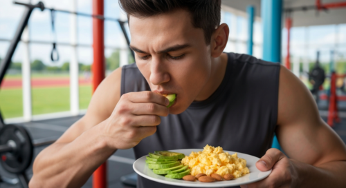 A close-up of a dynamic athlete eating a healthy meal with eggs, avocado, and nuts, with a background of a gym or running track, photorealistic style.