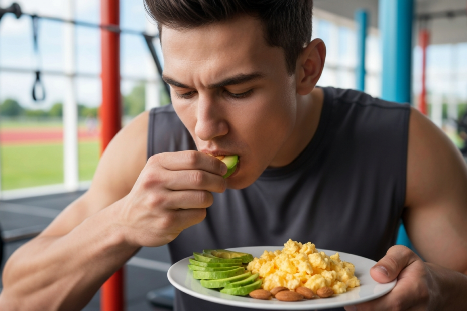 Colesterol y deporte: desmontando mitos sobre las grasas 1 A close-up of a dynamic athlete eating a healthy meal with eggs, avocado, and nuts, with a background of a gym or running track, photorealistic style.