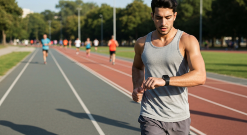 A runner wearing a smart band on wrist, checking running metrics on a smartphone app, with a running track in background, photorealistic, daylight, athletic wear