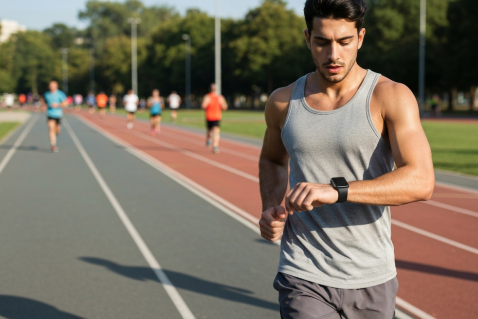 Cómo optimizar tu running con wearables: guía práctica 1 A runner wearing a smart band on wrist, checking running metrics on a smartphone app, with a running track in background, photorealistic, daylight, athletic wear