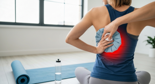 A photorealistic image of a person's back with a red highlighted area indicating muscle spasm, with a hand applying an ice pack. The setting is a bright, clean room with a yoga mat and water bottle ne