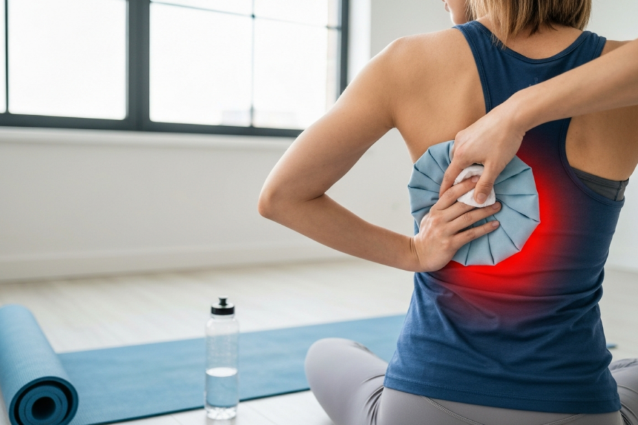 Espasmos en la espalda: causas, prevención y cuándo descansar 1 A photorealistic image of a person's back with a red highlighted area indicating muscle spasm, with a hand applying an ice pack. The setting is a bright, clean room with a yoga mat and water bottle ne