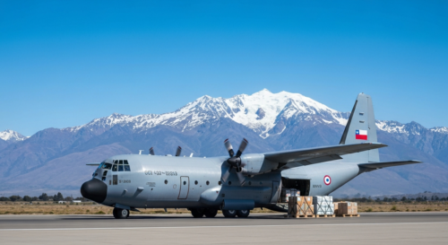 A photorealistic image of a Chilean Air Force C-130 Hercules aircraft landing on a runway with humanitarian aid supplies visible, set against a backdrop of the Andes mountains, clear sky, bright dayli