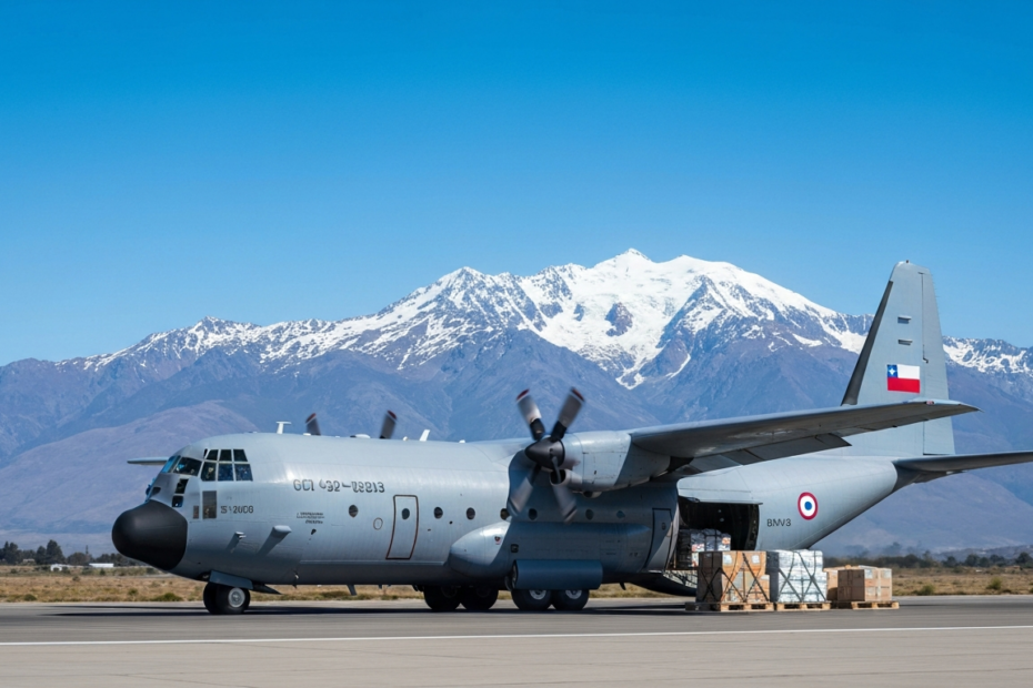 Fuerza Aérea y Cooperación: Claves para la Seguridad Regional 1 A photorealistic image of a Chilean Air Force C-130 Hercules aircraft landing on a runway with humanitarian aid supplies visible, set against a backdrop of the Andes mountains, clear sky, bright dayli