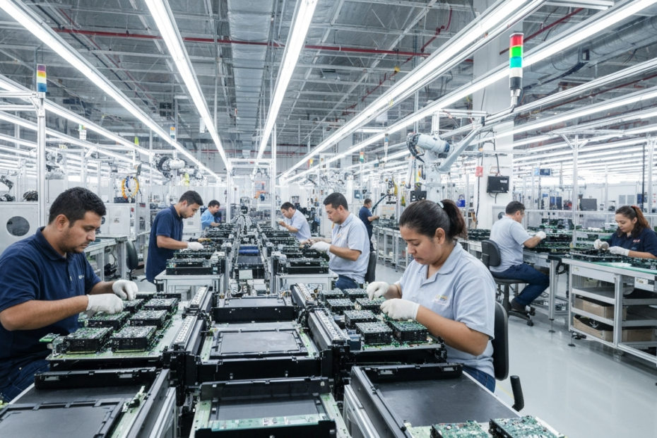 Nearshoring: Oportunidades y Estrategias para Empresas en México 1 A photorealistic image of a modern manufacturing plant in Mexico with workers assembling electronic components, showing advanced machinery and well-lit clean environment, emphasizing efficiency and te