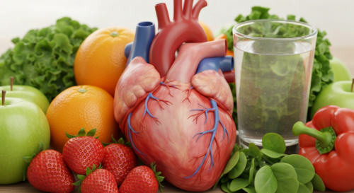A photorealistic image of a healthy human heart with vibrant red and pink tones, surrounded by fresh fruits, vegetables, and a glass of water, symbolizing cardiovascular health and nutrition.